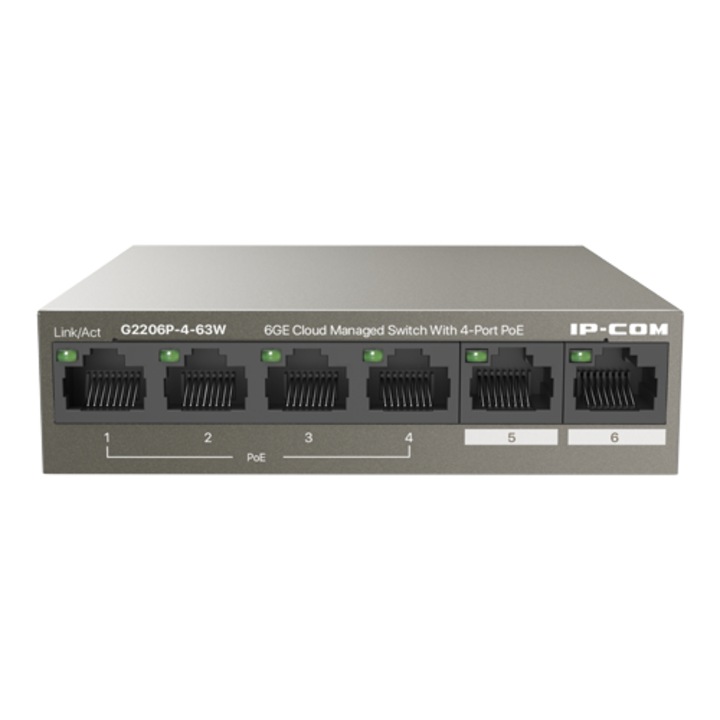 Switch 4 porturi Gigabit PoE+, 2 porturi RJ45 Gigabit, 58W, Management - IP-COM G2206P-4-63W