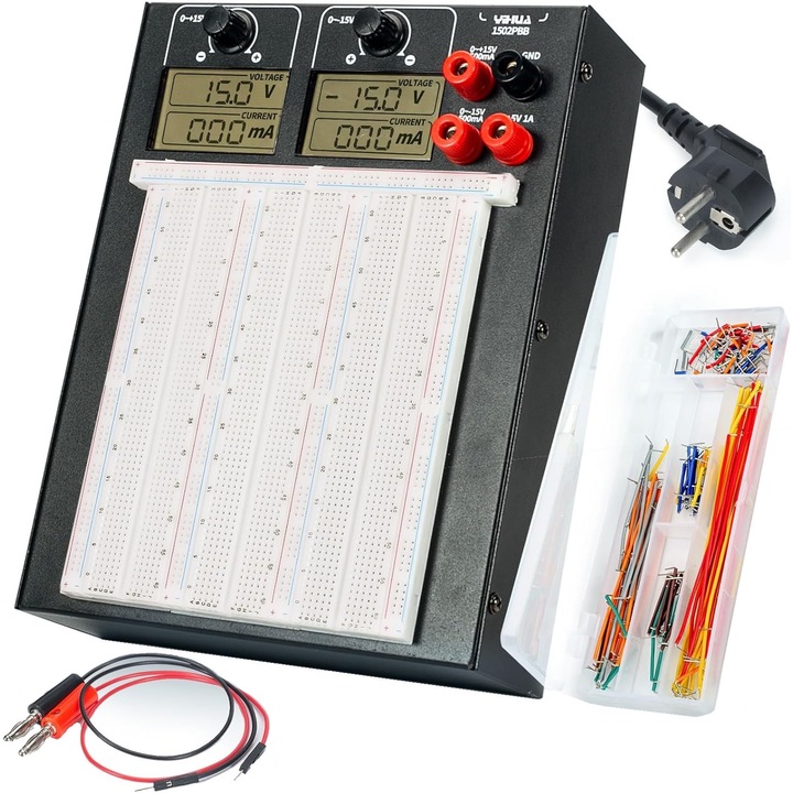 Комплект захранване 2 в 1 с Breadboard платка, DC +15V -15V, 140 джъмпера и 2 бананови кабела, за електронни проекти, Arduino Kit, YIHUA 1502PBB