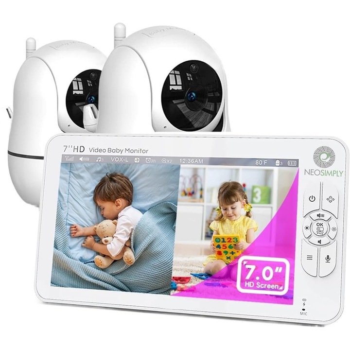 NeoSimply® Audio-Video vezeték nélküli Baby Monitor megfigyelő kamerák, LikeSmart BabyStar, HD XXL 7" hüvelykes LCD képernyő, VOX, Éjszakai mód, 4000mAh akkumulátor, Hőmérséklet-figyelés, Riasztás, Altatódalok