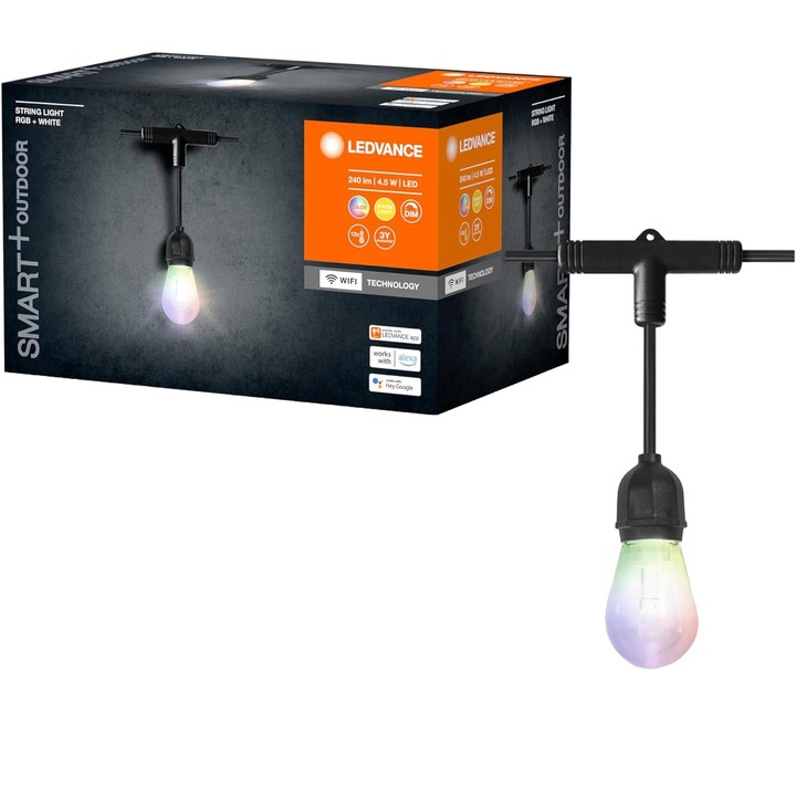 Ghirlanda LED RGB Smart 7.4 m, WiFi, pentru exterior, 12 becuri 4.5 W, 220-230V, 240 lm, lumina alba si color 3000K, Bluetooth, control prin aplicatie si telecomanda, impermeabil IP44, 16 milioane de culori, compatibil cu Alexa si Google home, Ledvance