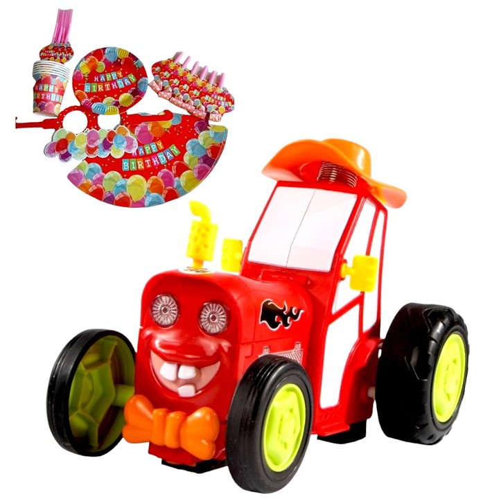 Музикален трактор, kidsNplay, светлини, USB, 21x13x15 см с детски парти комплект, 36 части, 03г.+