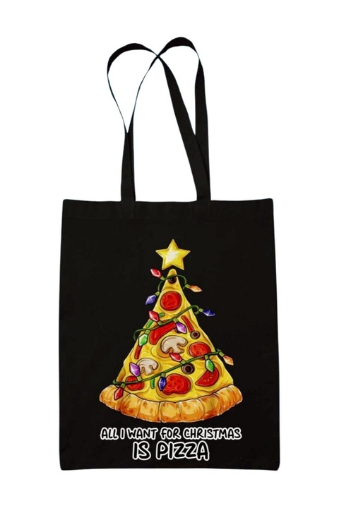 All I want for christmas is pizza vászontáska, fekete, 42 x 38 cm