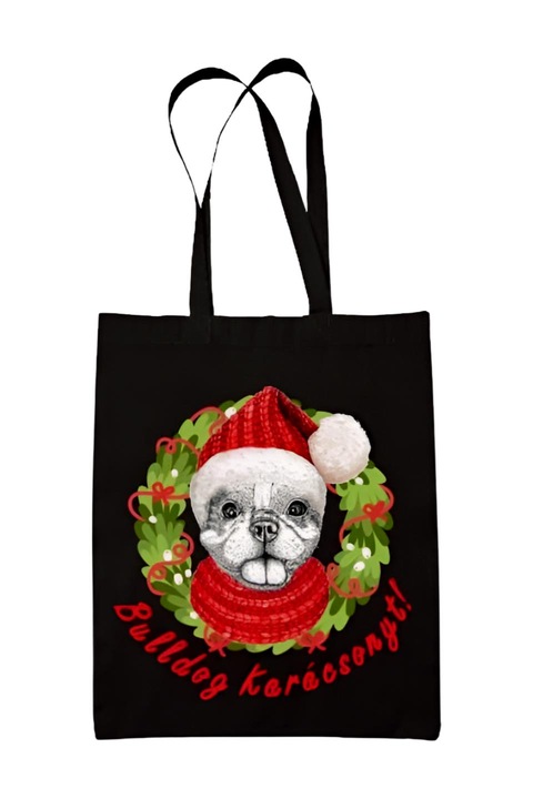 Bulldog Karácsonyt vászontáska, fekete, 42 x 38 cm