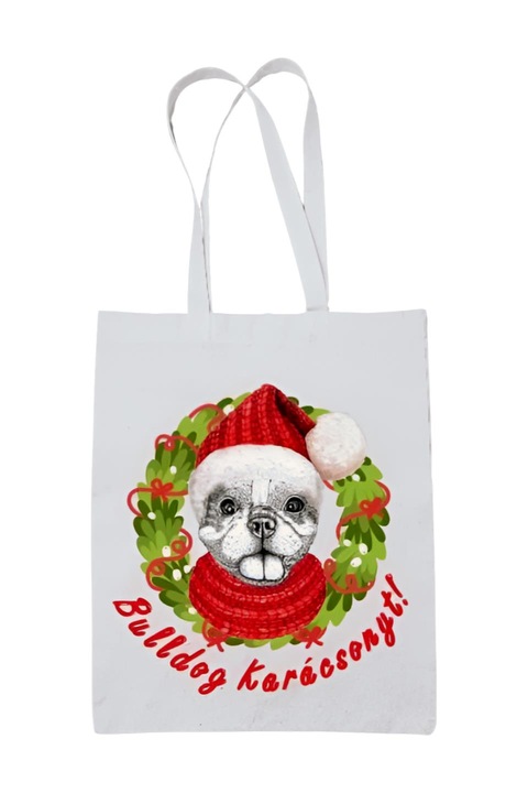 Bulldog Karácsonyt vászontáska, fehér, 42 x 38 cm