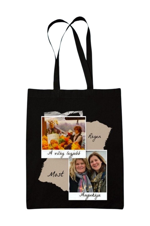Régen és most vászontáska saját fényképpel, fekete, 42 x 38 cm