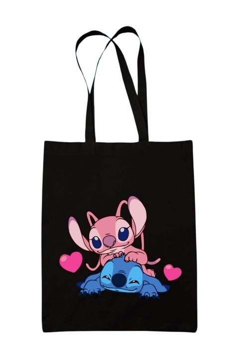 Stitch and Angel szivecskés vászontáska, fekete, 42 x 38 cm