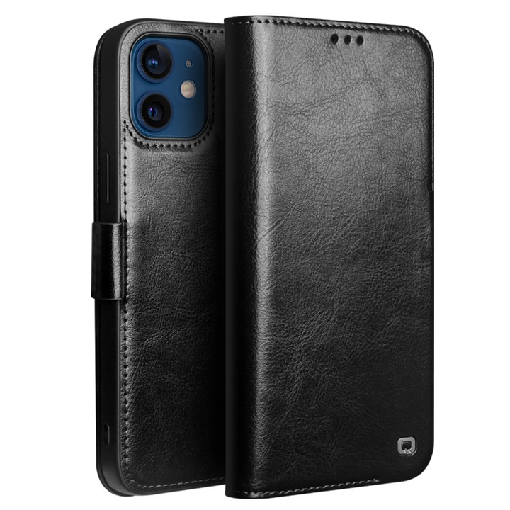 Husa pentru iPhone 12 Pro, iPhone 12, Qialino Magnetic Classic Wallet, din piele naturala fina, inchidere sigura magnetica, tip carte, cu buzunare carduri si bani, culoare Negru