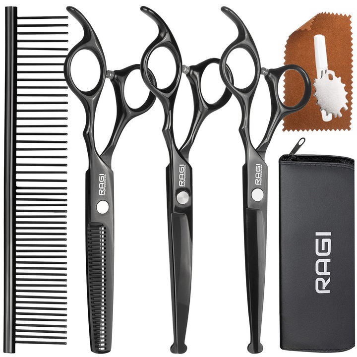 Set Profesional Premium 3 Foarfece Tuns Ingrijire Animale Companie RAGI, Otel Inoxidabil Negru, Varfuri Rotunjite Sigure, Trusa Completa cu Pieptene Metalic si Husa de Depozitare Eleganta pentru Caini si Pisici, Ajustabil, Durabil, Ergonomi