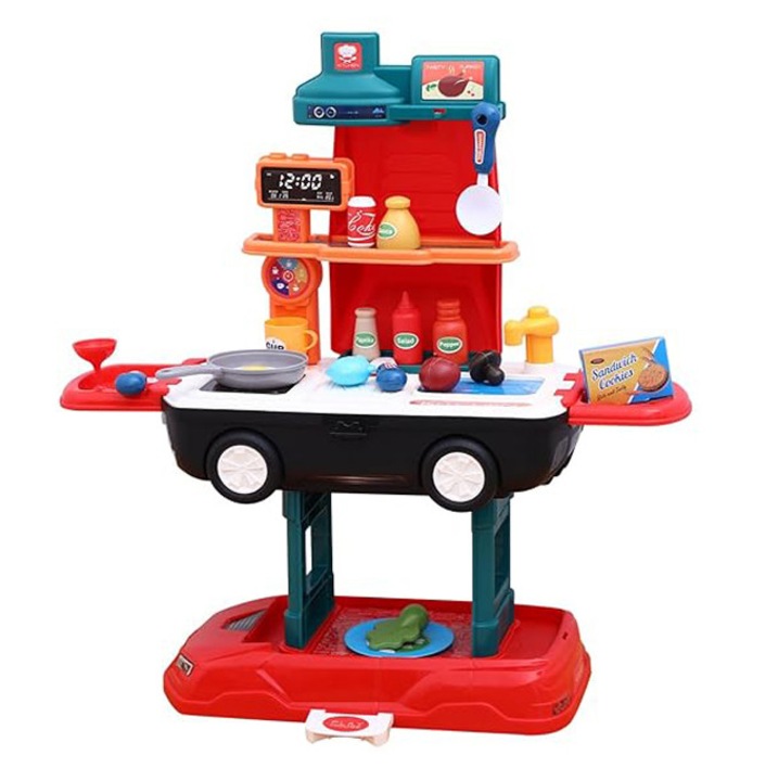 Jucarie bucatarie 2 in 1 cu 34 de accesorii pentru copii, care se face masina, multicolora, Smartwood