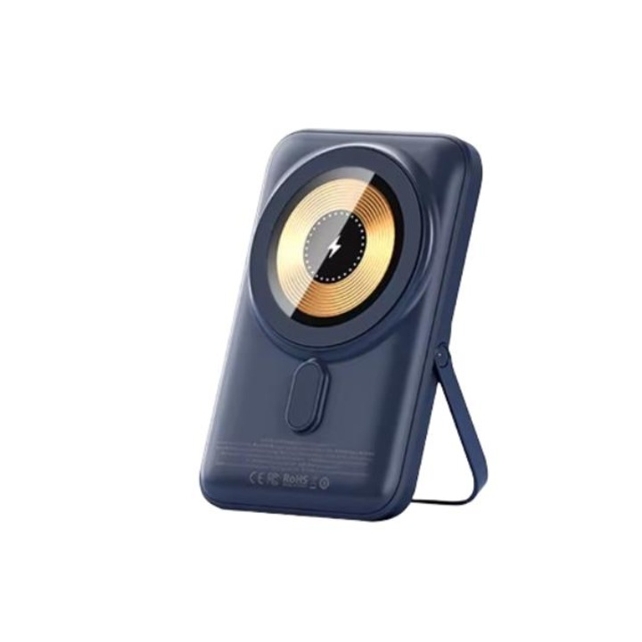 Hordozható külső akkumulátor, 10000 mAh kapacitású, 15 W vezeték nélküli töltési funkció, mágneses aljzat, okostelefon-támogató funkció, Apple eszközökkel kompatibilis, kis méretű, hordozható, kék színű, prémium minőség