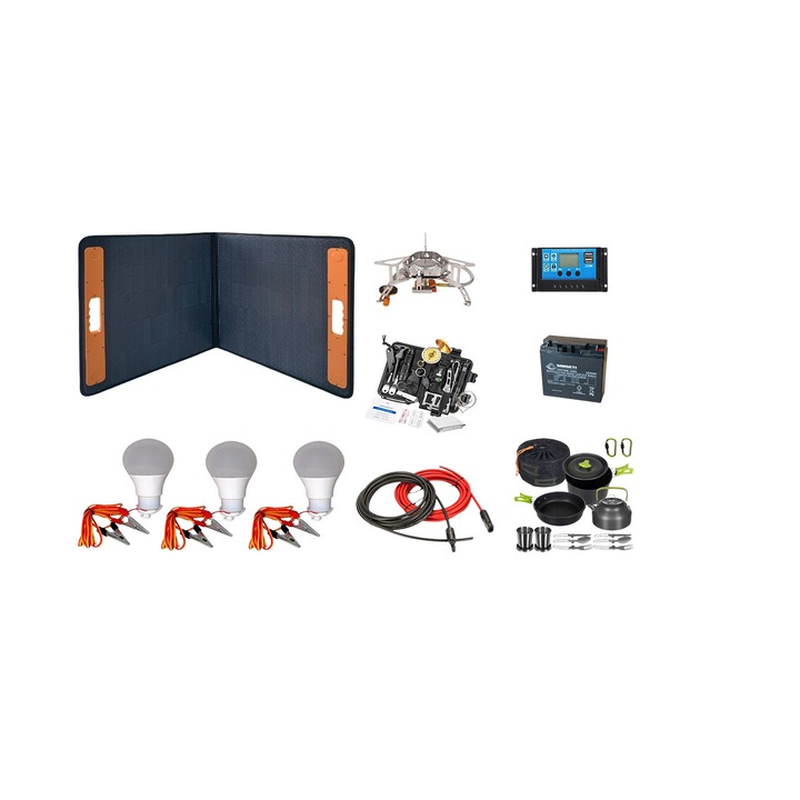 Sistem fotovoltaic panou 200W portabil, controller 20A, baterie 20Ah AGM, conectori, cablu solar, becuri led, kit supravietuire 18 in 1, aragaz camping si set gatit camping, outdoor, rulota, iluminat, cabana, Solid Volt