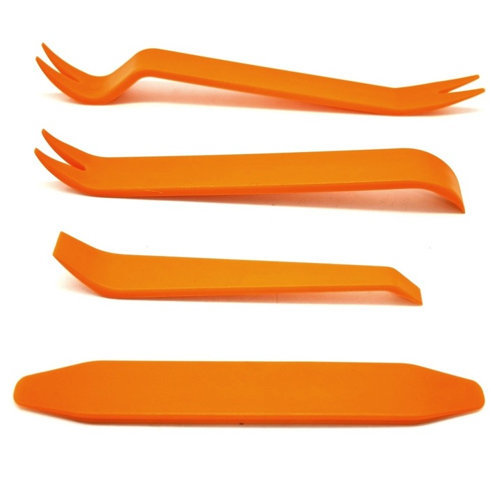 Set instrumente demontare panouri interior auto, motoLEDy, set 4 piese leviere, pentru tapiterie, ornamente, cleme, radio, vitezometru, lampi, demontare sigura, fara zgarieturi, din plastic rezistent, utilizare profesionala pentru service auto si