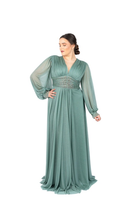 Елегантна дълга рокля от лурекс, голям размер, дълги ръкави, маншети с пухкави мъниста 50 5XL intl Melissa