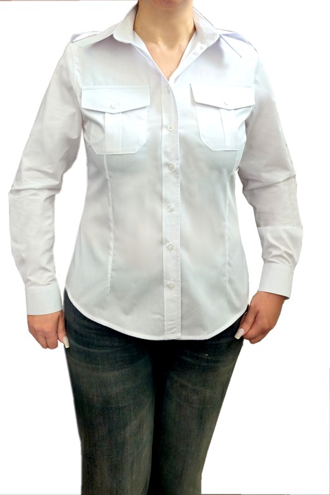 Camasa Pilot dama, cu Epoleti, Bumbac/Elastan, Maneca lunga reglabila, Slim, Alba, Masura 38
