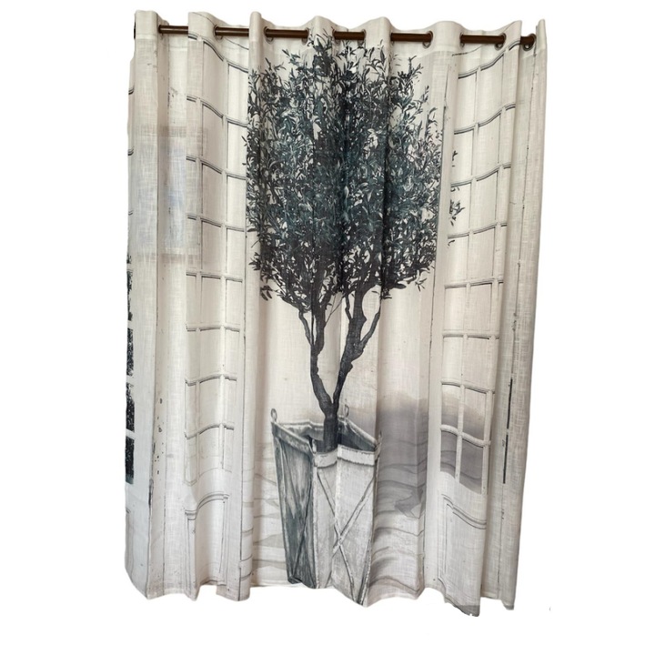 Set 2 perdele cu inele, model copac, Alb-Negru, poliester, 270 x 230 cm