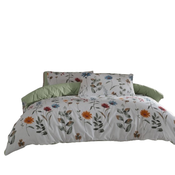 Furrina V7 verde, set cuvertura de pat 3 piese, 100% bumbac armat, simplu, cu fermoar, 140x200cm