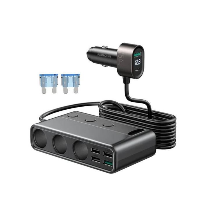 Adaptor incarcare Multi-port, Joyroom JR-CL06, 3 prize Bricheta auto + 6 porturi USB, Cablu 1m, Negru
