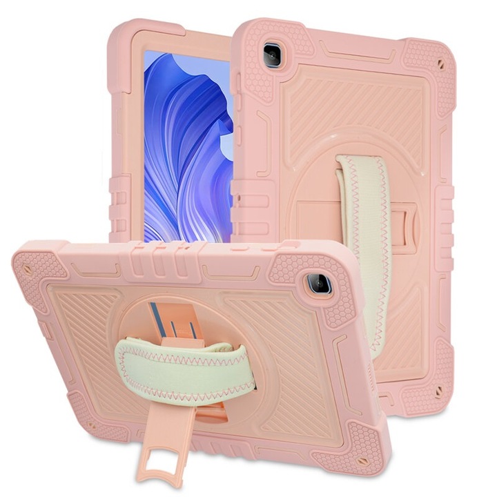 Honor Pad X8 kompatibilis tablet védőtok, StripeShell 360, állvánnyal és fogantyúval, vállpánttal, szilikon, rózsaszín