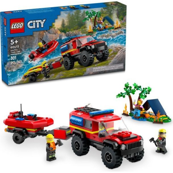 LEGO City - 4x4 Tűzoltóautó mentőcsónakkal, 5+ év, 301 elem, Járművek, Akció és kaland
