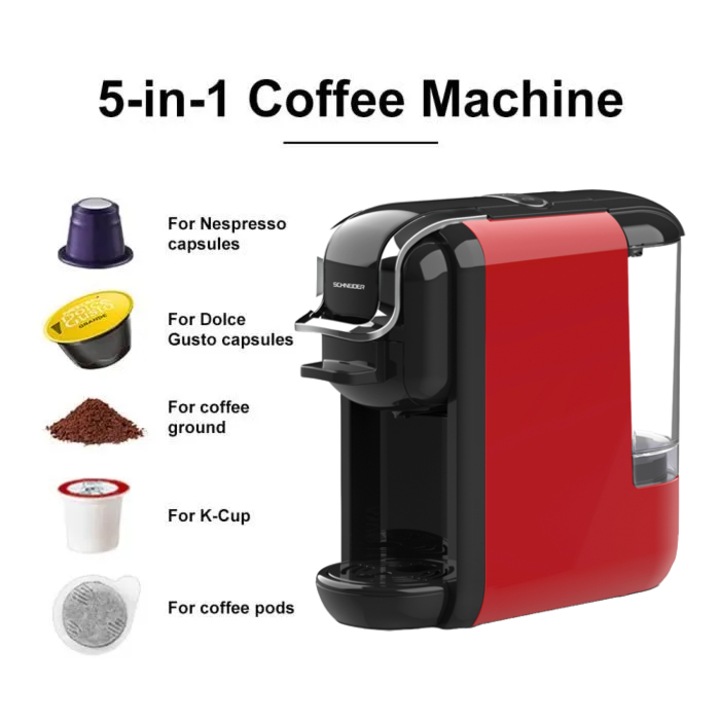 Schneider automata 5 az 1-ben eszpresszógép, 19 bar, 0,6 liter, Nespresso kapszulákkal kompatibilis, Dolce Gusto, ESE párnák, őrölt kávé, K-csészék, 2 előkészítési funkció, automatikus leállítás, 1450 W, piros