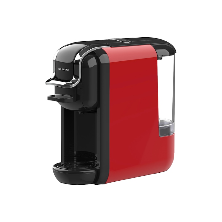 Schneider automata 5 az 1-ben eszpresszógép, 19 bar, 0,6 liter, Nespresso kapszulákkal kompatibilis, Dolce Gusto, ESE párnák, őrölt kávé, K-csészék, 2 előkészítési funkció, automatikus leállítás, 1450 W, piros