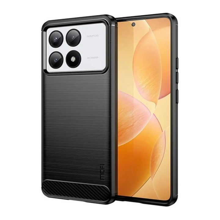 Калъф за мобилен телефон, съвместим, силиконов протектор за телефон Xiaomi Poco X6 Pro 5G Mofi (удароустойчив, ъгъл с въздушна възглавница, четка, карбонов модел) черен, опаковка на производителя