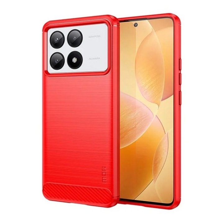 Калъф за мобилен телефон, съвместим, силиконов протектор за телефон Xiaomi Poco X6 Pro 5G Mofi (удароустойчив, ъгъл с въздушна възглавница, четка, карбонов модел) червен, опаковка на производителя
