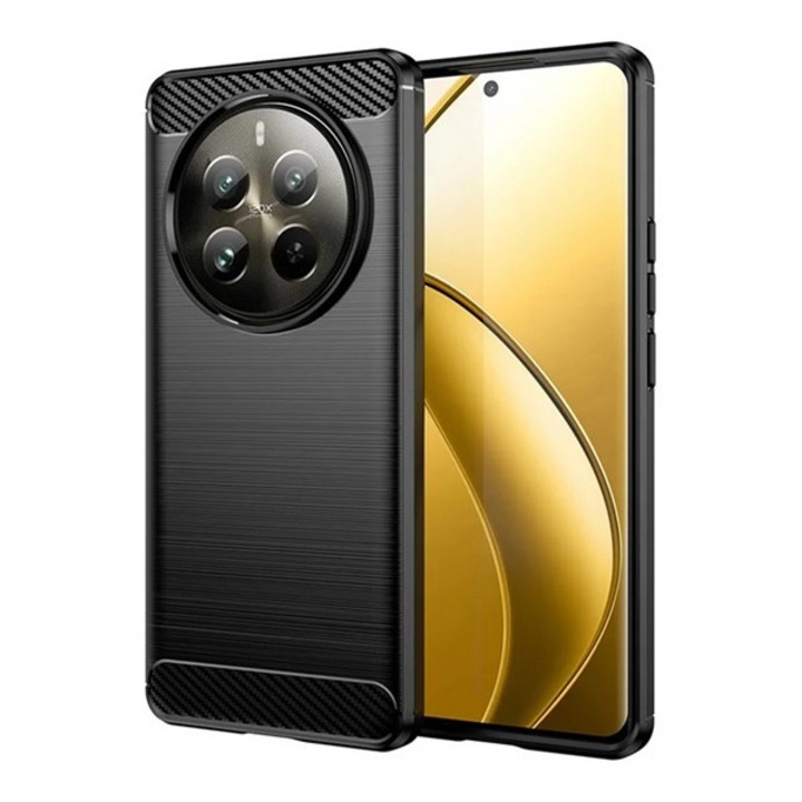 Gigapack szilikon mobiltelefon tok, ütésállóság, légpárnás sarok, szálcsiszolt, karbon minta, fekete, kompatibilis: Realme 12 Pro Plus / 12 Pro