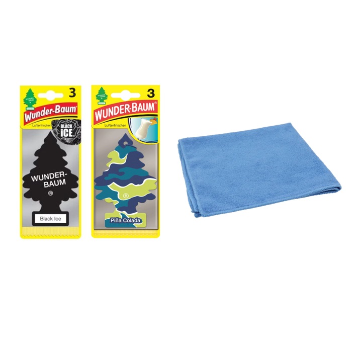 2 x Wunder-Baum légfrissítő készlet - 3 csomagos keverék és mikroszálas kendő 30x40 cm