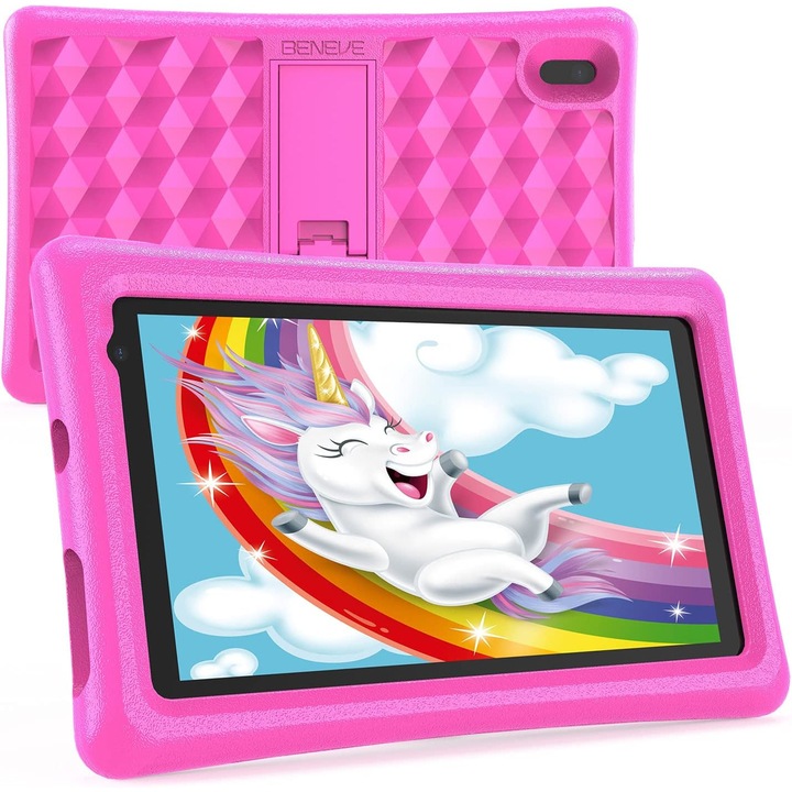 Gyermek táblagép Beneve M7152, 7" HD képernyő, 2 GB RAM, 32 GB, Dupla kamera, Szülői felügyelet, Wi-Fi, Fekete, védőtokot tartalmaz, Rózsaszín