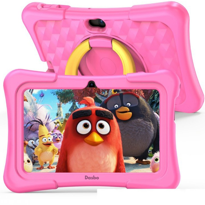 Tableta pentru copii de 7 inch Dasbo®, Android, 3GB RAM, 32GB ROM (extensibila la 128GB), Software pentru copii preinstalat, Ecran tactil cu sistem control parental, Bluetooth, WiFi, camera dubla, Roz