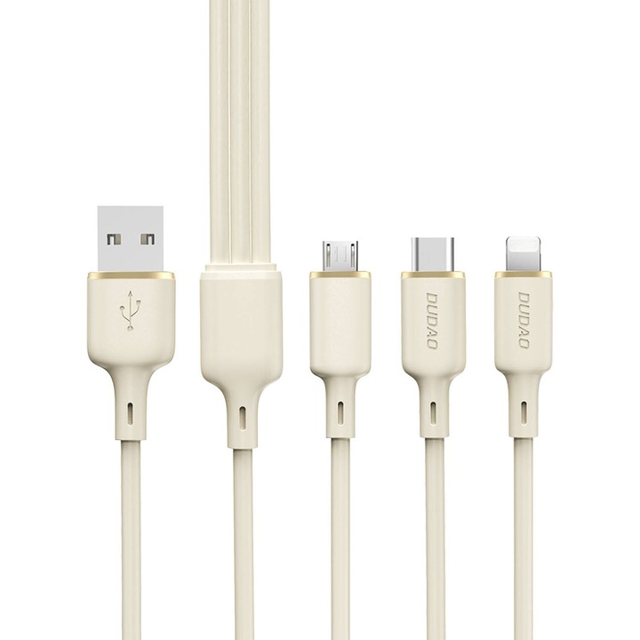 Cablu 3 in 1, Dudao, L7SE, USB-C/Lightning/microUSB, 66W, bej, 1.2m