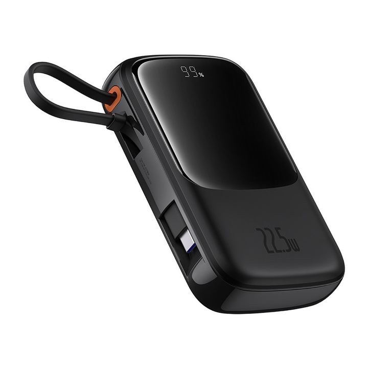 Power bank QPow Pro+, Baseus, PC/ABS, 10000mAh, 22.5W, Smart Display, USB-C Integrated, Черен
