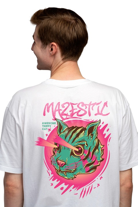 Мъжка тениска Skull Skeleton Motan Cat Monster с лазерни очи, Majestic английски текст, любители на филми на ужасите, щампа на гърба, 100% памук, бяло, XS