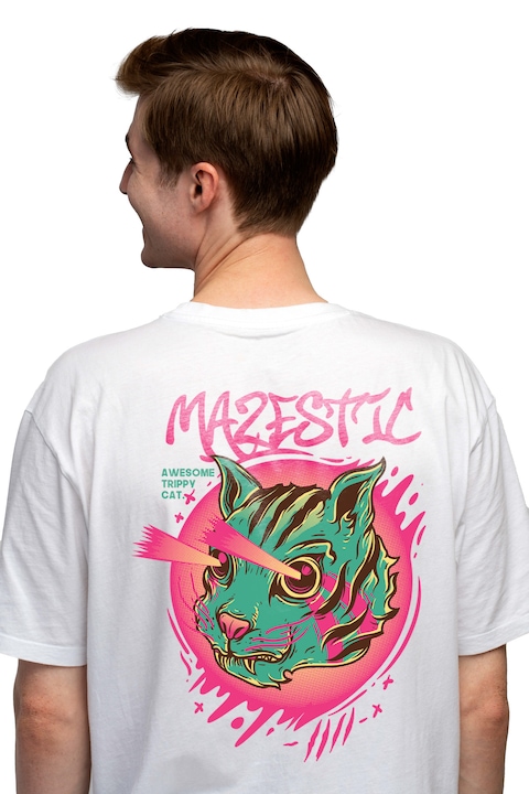Мъжка тениска с черепни скелети Motan Cat Monster с лазерни очи, Majestic английски текст, Любители на филми на ужасите, Чисто бяло