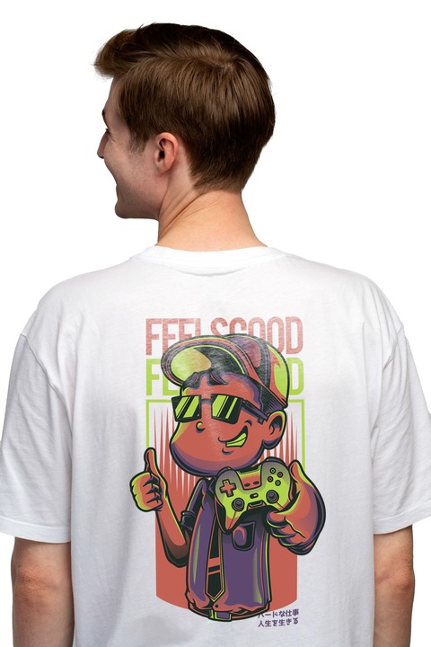 Мъжка тениска с момче със слънчеви очила и шапка, държаща джойстик за видеоигри, английски текст Feel Good, илюстрация, уникален, креативност,, Чисто бяло