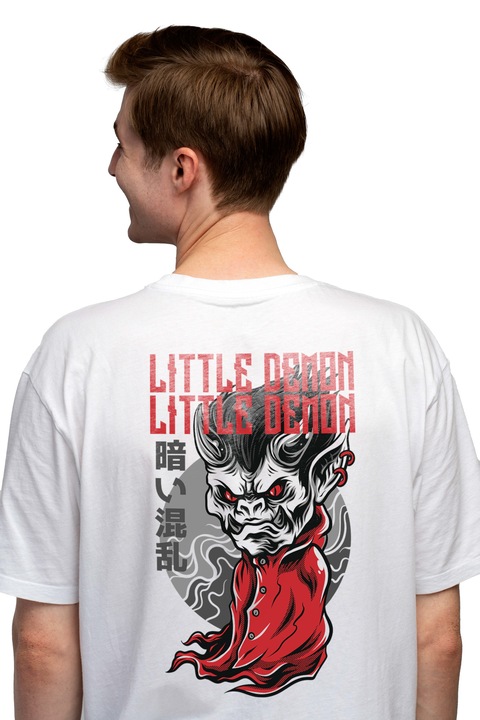 Мъжка тениска с червен текст, повтарящ се на английски Little Demon, Face Demon In Red Clothes, Red Eyes, Long Ears, St Movie Lovers, Чисто бяло