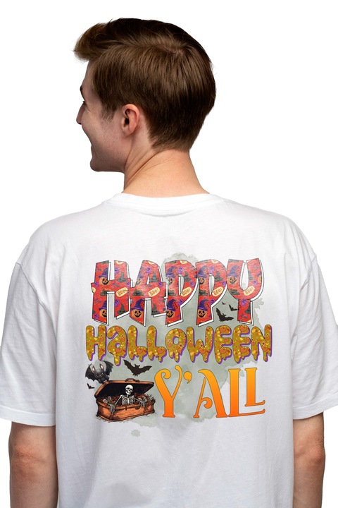 Мъжка тениска с надпис "Happy Halloween y'all", Чисто бяло