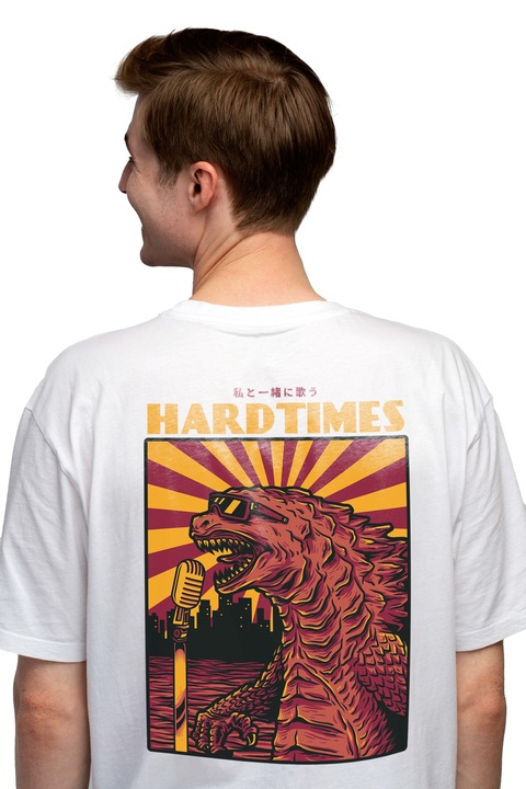 Мъжка тениска с динозавър със слънчеви очила, пеещ на микрофон, текст на английски Hardtimes, произведение на изкуството, Чисто бяло
