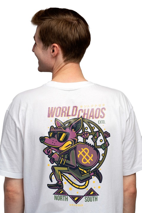 Мъжка тениска с надпис на английски World Chaos, Mouse, Hot, Theft, Japanese,, Чисто бяло