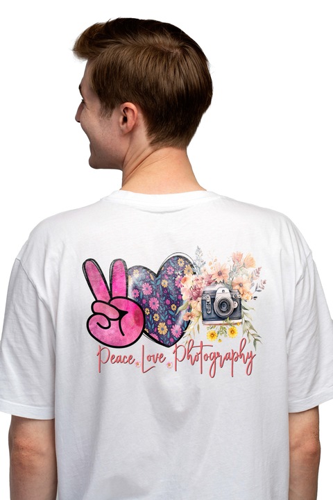 Мъжка тениска с послание "Мир, любов, фотография", илюстрация, активност, мир, любов, фотография, снимки, камера, сърце, цветя с бяла дръжка, Чисто бяло