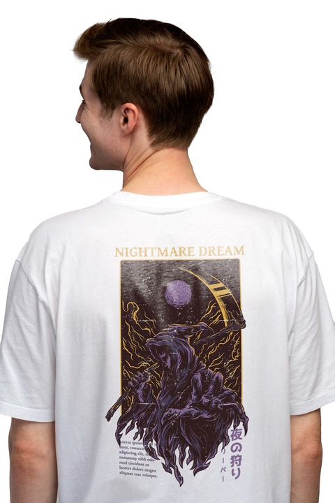 Мъжка тениска с текст на английски Nightmare Dream, Death With A Scythe Night Through the City, Full Moon, Horror Movie Lovers, Чисто бяло
