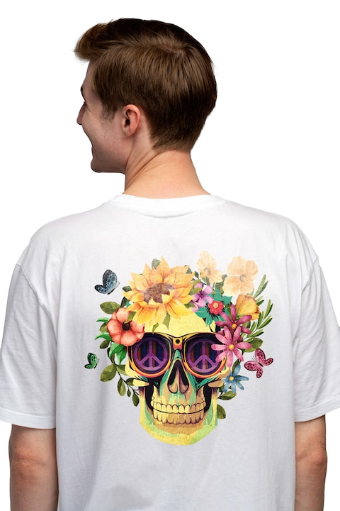 Мъжка тениска с череп, заобиколен от цветя, илюстрация, растения, цвете, очила, знак за мир, пеперуди, природа, Чисто бяло