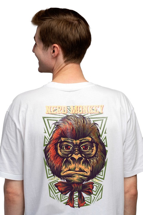 Мъжка тениска Gorilla Monkey с подредена коса в костюм с червена папийонка и черни очила, Nero Monkey английски текст, Любители на забавленията, щампа на гърба, 100% памук, бяло, L