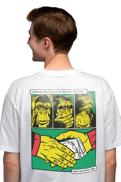 Мъжка тениска Spaga, внимание, съвети, маймуната не вижда, чува или говори, корупция, Чисто бяло