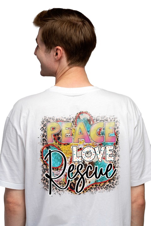 Мъжка тениска с послание "Peace, Love, Rescue", Чисто бяло