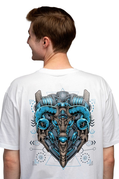 Мъжка тениска Aries, Mecha, Robot, Geometric, Sci-Fi, Cyberpunk, с принт на гърба, 100% памук, бяла, L