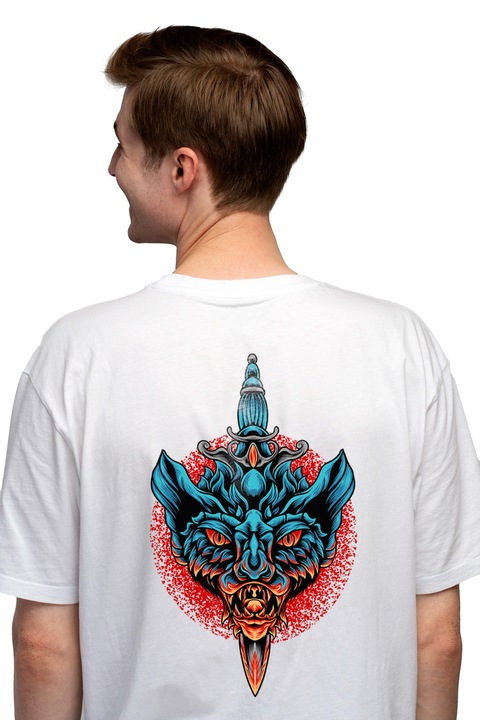 Мъжка тениска с глава на прилеп, чудовище, кама, Zange, кръг, пръски,, Чисто бяло