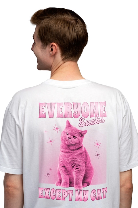 Мъжка тениска с надпис Pink Cat на английски език Everyone Su**s Except My Cat, Pink Cat, Cats and Dogs, Чисто бяло
