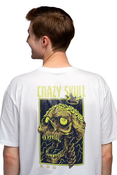 Мъжка тениска, Crazy Skull, щампа на гърба, 100% памук, бяло, L